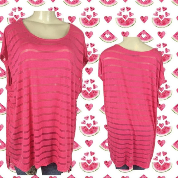 Ellos Plus 1X Watermelon Pink Sheer Striped Relaxed Fit StepHem Short Sleeve Top - Picture 1 of 6